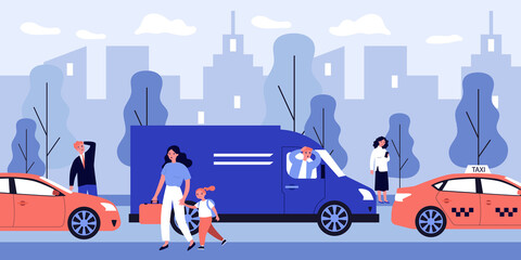 Fototapeta na wymiar Citizens walking on street during rush hour. Car, traffic, people flat vector illustration. Cityscape and urban lifestyle concept for banner, website design or landing web page