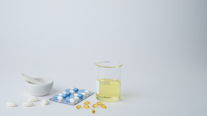 medicine and laboratory glassware for pharmacy and scientific content .