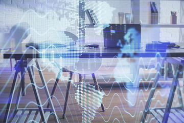 Multi exposure of stock market chart drawing and office interior background. Concept of financial...