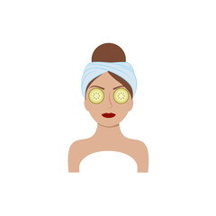 The face of a beautiful girl with a towel on her head and cucumbers in her eyes. Skin, body, face, and eye health care. Vector illustration of a cartoon. Cosmetologist services, beauty salon, Spa,