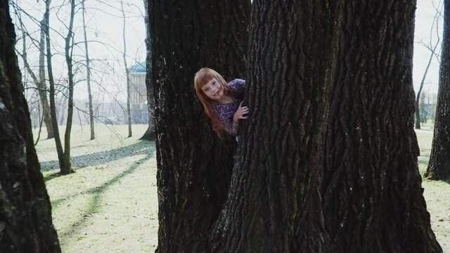 Happy litle girl looks from behind tree in park, steadicam shot