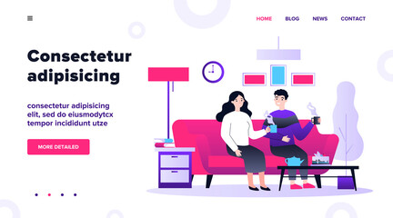 Couple in love sitting together at sofa with cups of coffee and talking flat vector illustration. Man and woman living in apartment Romantic relations and home concept