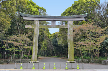 Torii gate made of Japanese cypress at Fukuoka's Gokoku Shrine. This torii happens to be the...
