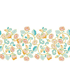 Vector royal baroque intarsia style pastel floral border, seamless design with hand drawn historic florals on white background. Nature background. Surface pattern design.