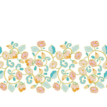 Vector royal baroque intarsia style pastel floral border, seamless design with hand drawn historic florals on white background. Nature background. Surface pattern design.