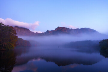 Fototapeta premium 朝もやの戸隠鏡池