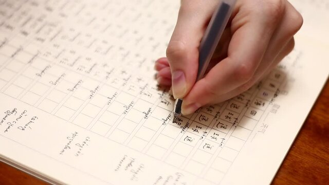 Girl writes Chinese hieroglyphs in the exercise book