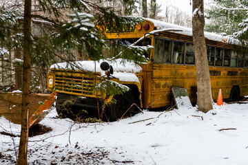 Abandoned Snow Covered Yellow School Bus with Plow - New York