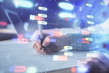 Double exposure of data theme sketch drawing over people writing background. Concept of technology