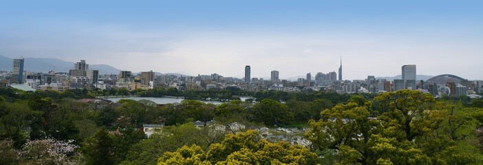 View from the ruins of Maizuru castle: Ohori park and Fukuoka skyline. Fukuoka city, Japan. 04-07-2015