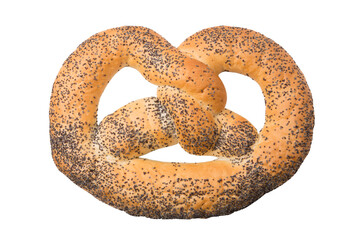 Fresh baked goods, pretzel with poppy seeds isolated on white background
