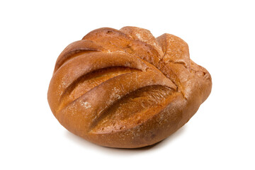 Loaf of round homemade white bread isolated on white background