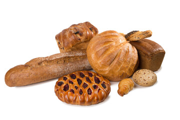 Bread different isolated on white background. Baguette, pie with jam, a white, black and oat bun loaf.