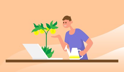 Man watering a money tree with bitcoins. Color flat cartoon illustration.