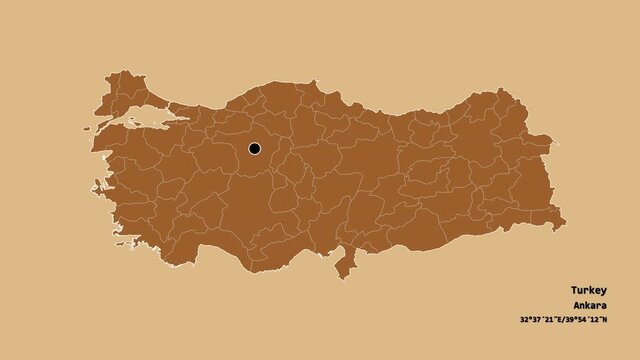 &Ccedil;ankiri, province of Turkey, with its capital, localized, outlined and zoomed with informative overlays on a solid patterned map in the Stereographic projection. Animation 3D