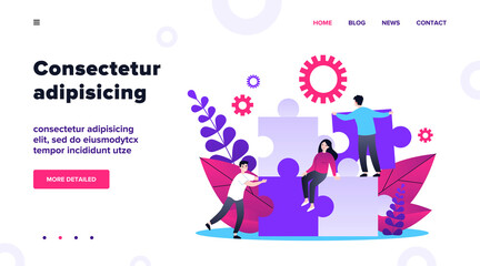 Business team constructing jigsaw solution. People connecting big pieces of puzzle. Vector illustration for community, merger, discovery, teamwork concept