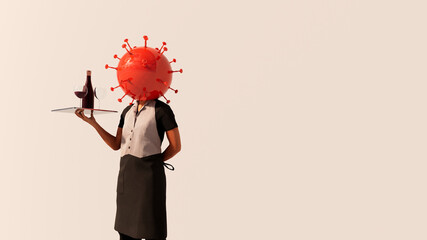 Concept or conceptual 3d illustration of a waitress serving a drink and coronavirus on beige background as a metaphor for the change in the restaurant industry and lifestyle during lockdown