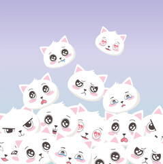 cute white cats faces emoticons cartoon animals background