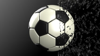 Fototapeta na wymiar Black-White Soccer ball with Black Particles in black-white lighting background. 3D CG. 3D illustration. 3D high quality rendering.