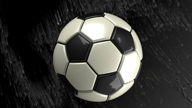 Black-White Soccer ball with Black Particles in black-white lighting background. 3D CG. 3D illustration. 3D high quality rendering.
