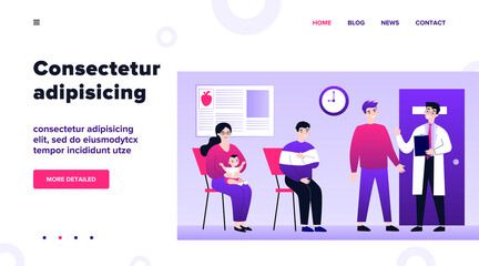 Queue of patient sitting at therapist office in clinic. People visiting medical practitioner for examination in hospital. Vector illustration for doctor, healthcare, medicine, health concept