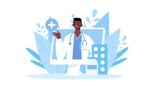 Online medical consultation, support. Online doctor. Healthcare services. Family male doctor with stethoscope on the laptop screen. Vector illustration for websites landing page templates.