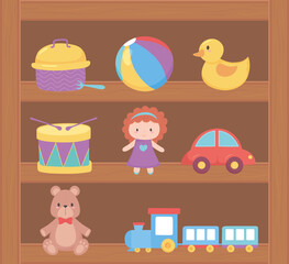 toys object for small kids to play cartoon on wood shelf