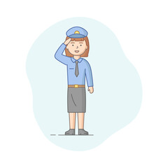 Protection Of Population Concept. Policeman Ready To Protect Order And Apprehending a Criminals. Self Confident Policewoman Officer is Saluting. Cartoon Linear Outline Flat Style. Vector Illustration