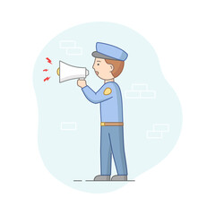 Protection Of Population Concept. Policeman Ready To Protect Order And Apprehending Criminals. Policeman Makes An Announcement With Loudspeaker. Cartoon Linear Outline Flat Style Vector Illustration