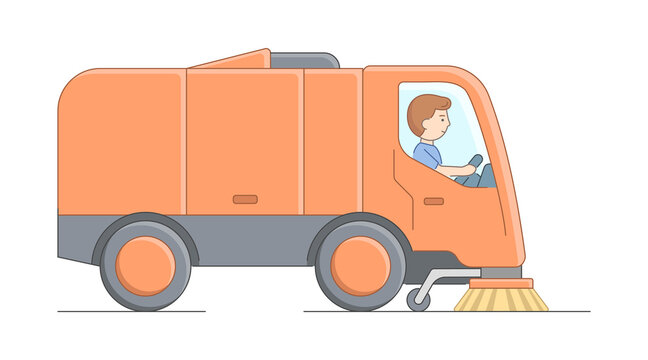 Urban Services And Environment Protection Concept. Worker Sweeper Truck Driver At Work. Man Sweeps City Streets. Urban Street Cleaning Process. Cartoon Linear Outline Flat Style. Vector Illustration