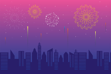 Fireworks burst explosions with citycape in pink sky background