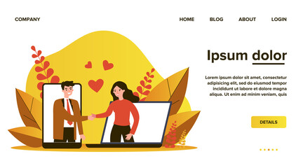 Couple meeting on dating website. Happy man and woman shaking hands, gadget screens, hearts flat vector illustration. Online service, internet concept for banner, website design or landing web page