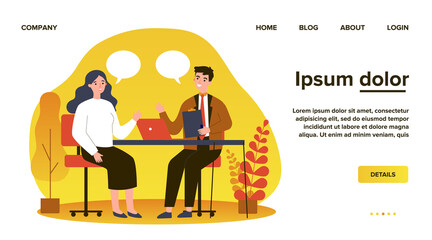 Candidate and HR manager having job interview. Business man and woman meeting at table, talking with speech bubbles. Vector illustration for conversation, career, human resource concept