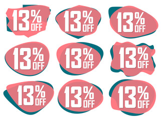 Set Sale 13% off bubble banners, discount tags design template, vector illustration