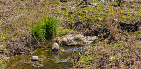 Plastic jug and other trash  discarded in stream