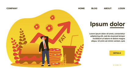 Concerning man thinking about harm from unhealthy food. Meal, burger, fat flat vector illustration. Healthcare and nutrition concept for banner, website design or landing web page