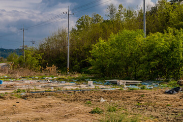 Scattered trash in field