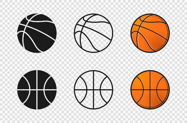 Basketball ball set icons. Orange color, silhouette, outline ball shape.