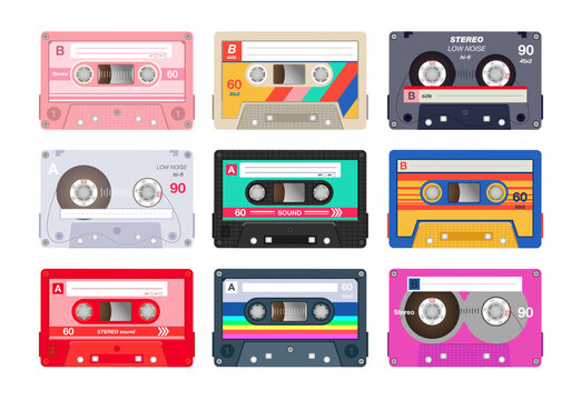 Vintage stereo cassettes flat icon set. Different retro audio tapes, old school media equipment isolated vector illustration collection. Outdated technology and music concept
