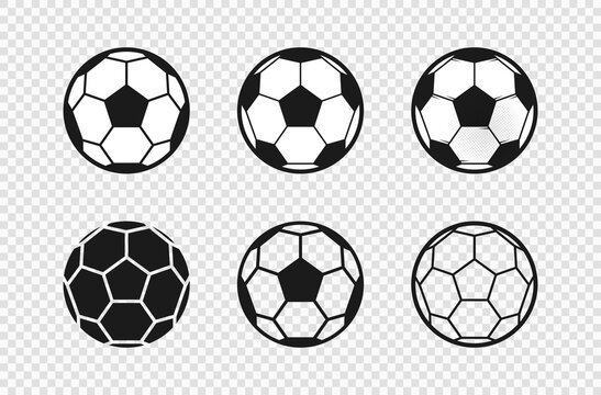 Set of different black and white soccer or football balls with a variety of pentagonal logo patterns, isolated on transparent background