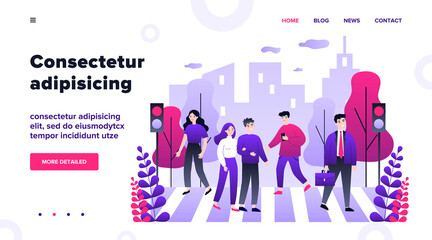 Pedestrians crossing city street at traffic lights. Office people walking across avenue. Vector illustration for road, city, lifestyle, crosswalk concept