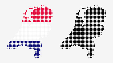 Fototapeta na wymiar Map of the Netherlands, in dotted style. One version includes the flag, the other is simply black. Vector Graphic.