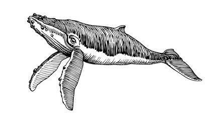 swimming giant humpback whale, for logo or emblem, sketch, engraving, vector illustration with black ink lines isolated on a white background in a hand drawn style © Николай Шитов
