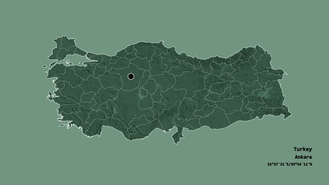 Kirklareli, province of Turkey, with its capital, localized, outlined and zoomed with informative overlays on a administrative map in the Stereographic projection. Animation 3D