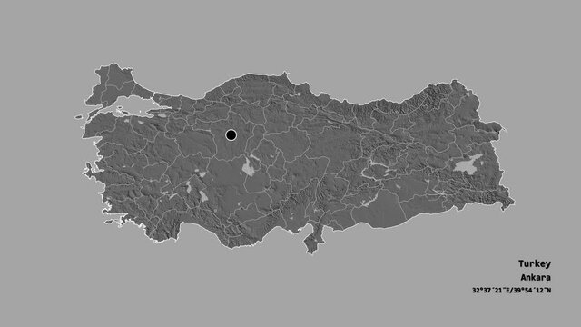 Kirklareli, province of Turkey, with its capital, localized, outlined and zoomed with informative overlays on a bilevel map in the Stereographic projection. Animation 3D