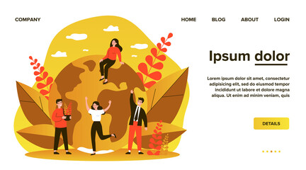 Earth, men with plants and women flat vector illustration. Tiny people saving world ecology and huge planet at background. Eco, environment and protecting nature concept