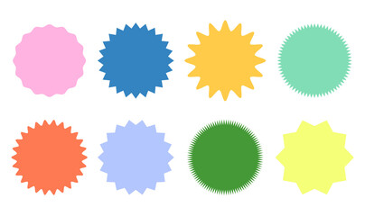 Colorful blank starburst set. Circle retro shapes stickers for sale, promotion tag, quality mark, beams firework