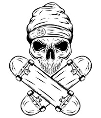 Skull of skater with hat and two crossed skateboards © XAVIERDESIGN