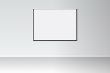 Thin black picture frame on light gray wall. Photo frame mock-up. Gallery wall. 300ppi