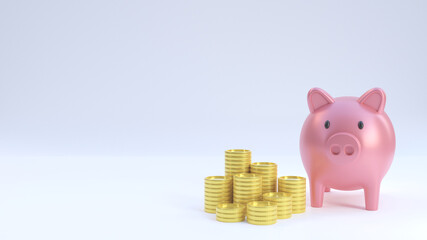 Pink piggy bank and golden coins 3D rendering.
